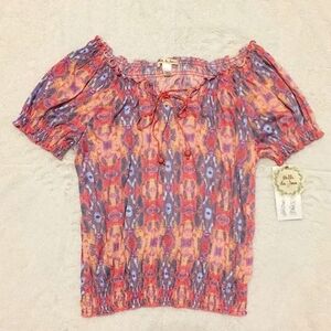 Patterned Ruffle Short Sleeve Peasant  shirt | Belle Du Jour | Macy's